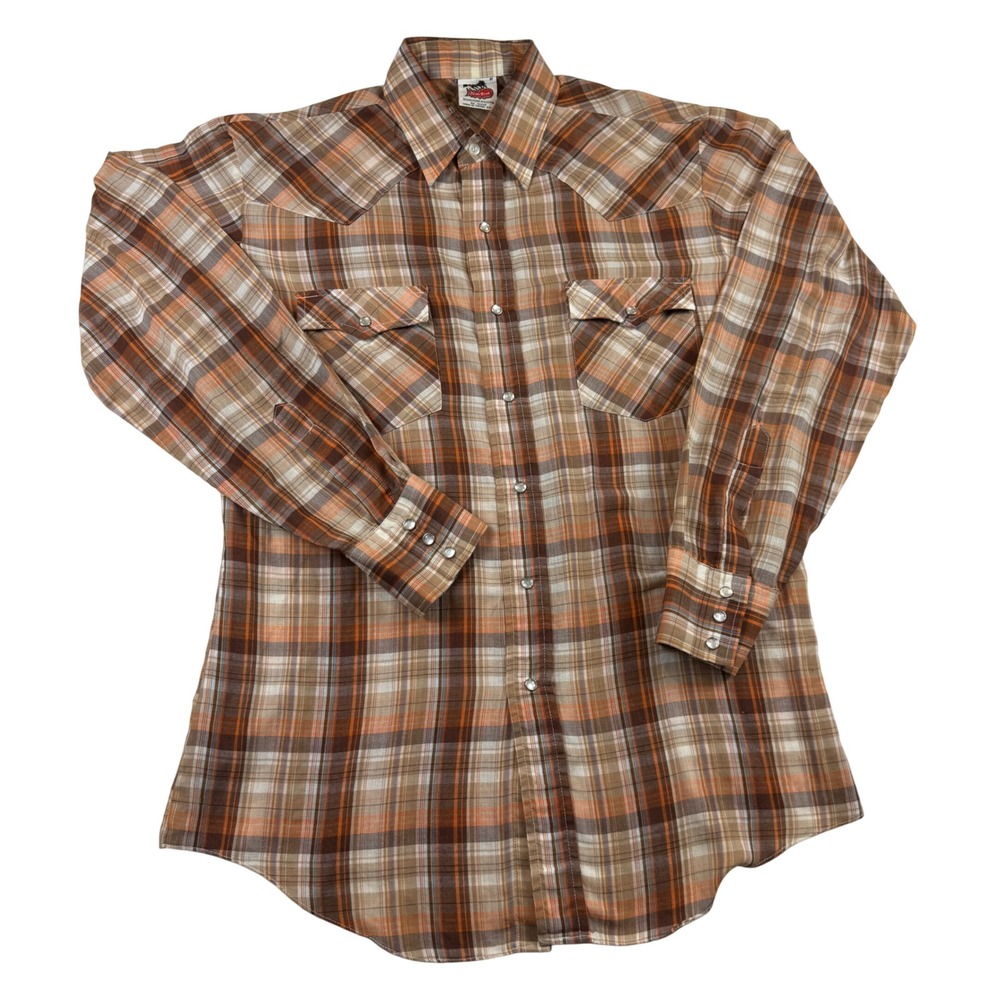 Jean Rive Vintage Western Pearl Snap Shirt Mens Medium Brown Orange Plaid Y2K